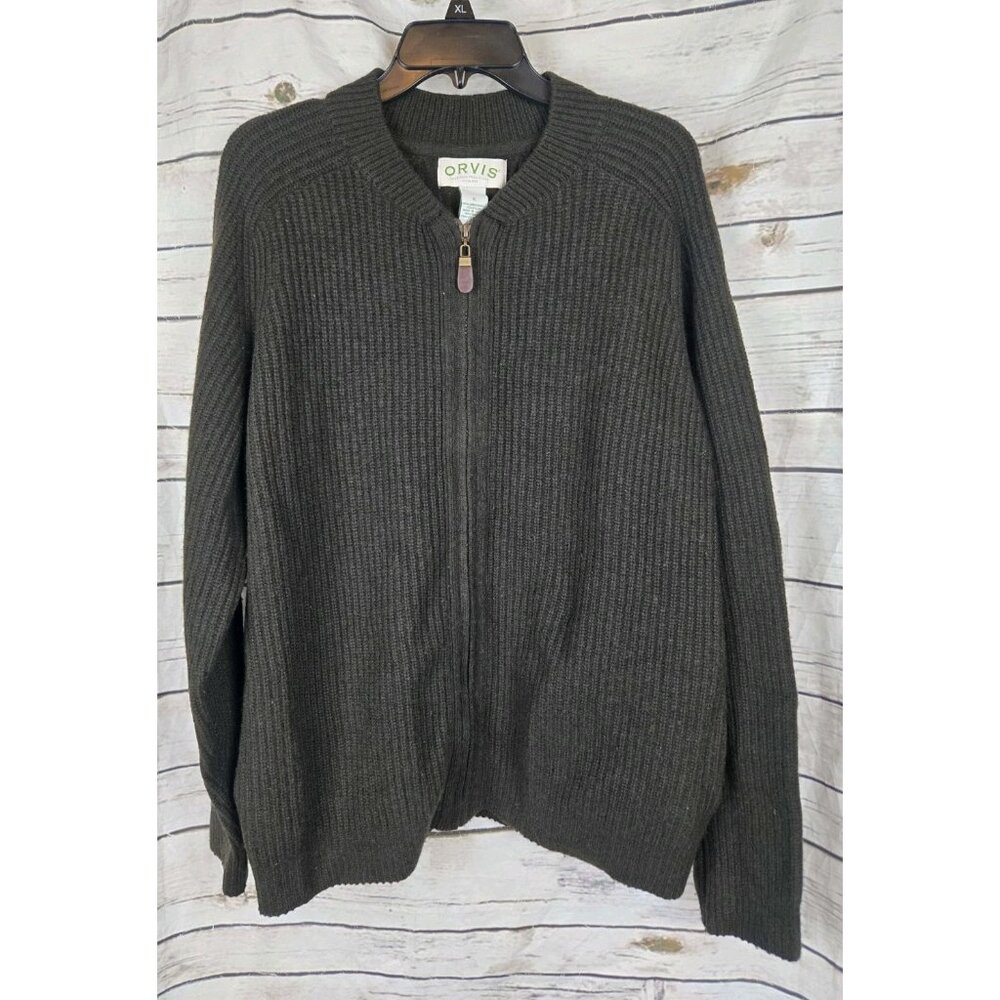 Orvis Vintage Olive Green Lambswool Blend Sweater Mens XL Cardigan Full Zip